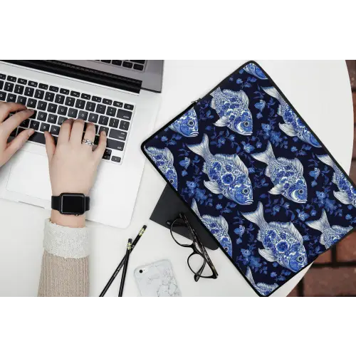 Vissen - Bloemen - Blauw laptophoes neopreen klein 279 -bureau