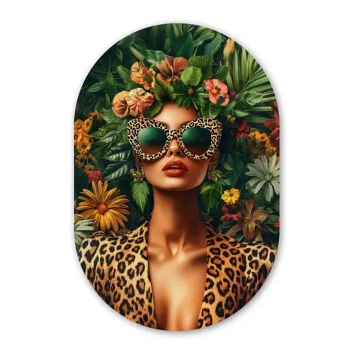 Vrouw - Panterprint - Jungle - Natuur - Luxe Wandcirkel Ovaal Forex klein -3d