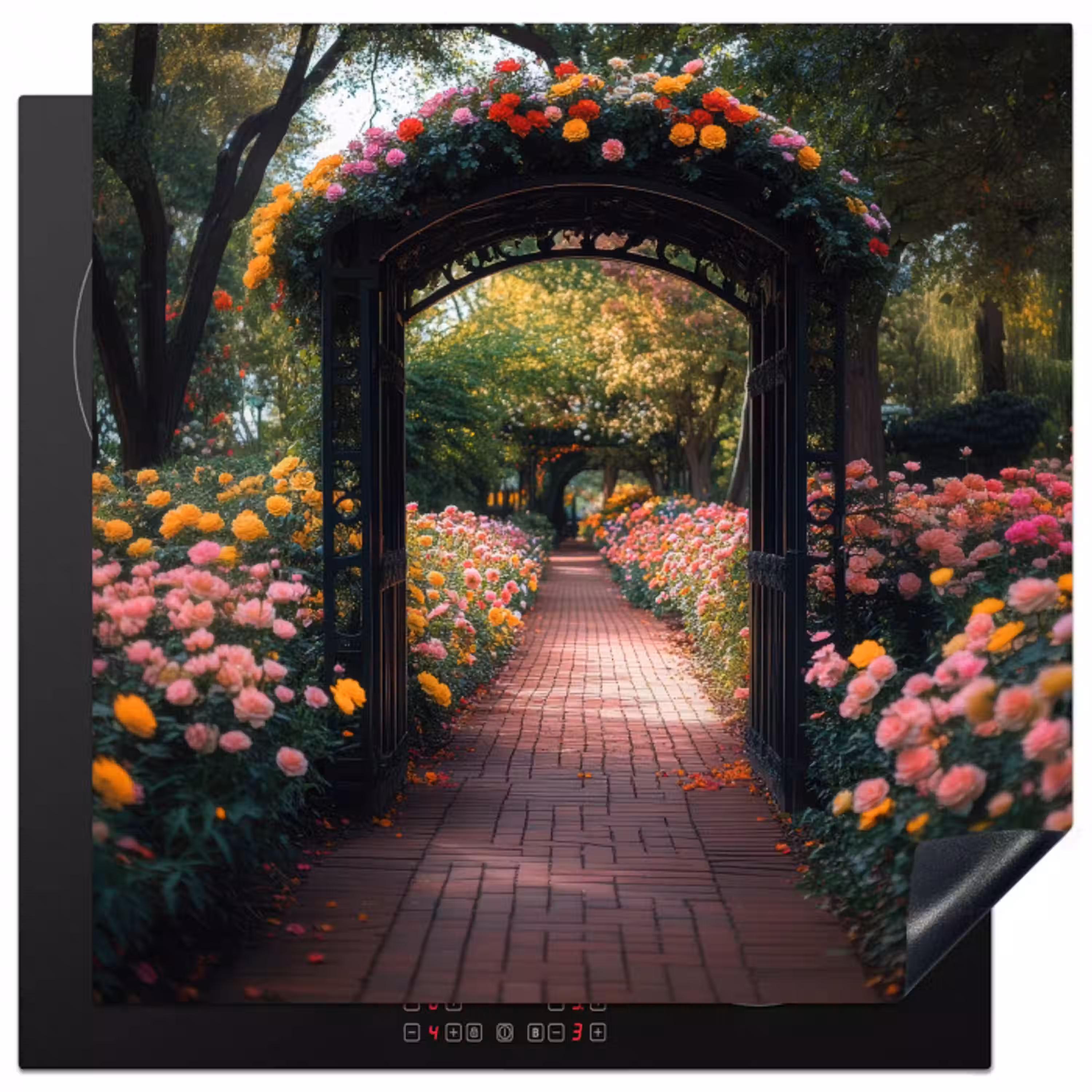 Doorkijk - Bloemen - Pad - Natuur - Kleurrijk Inductie beschermer vinyl 3mm middel -3d
