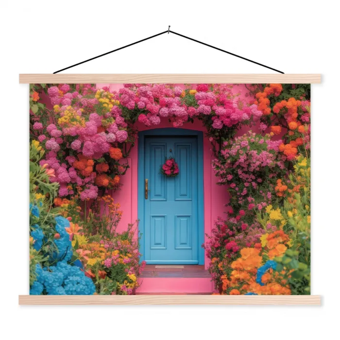 Bloemen - Deur - Roze textielposter latten blank klein -3d