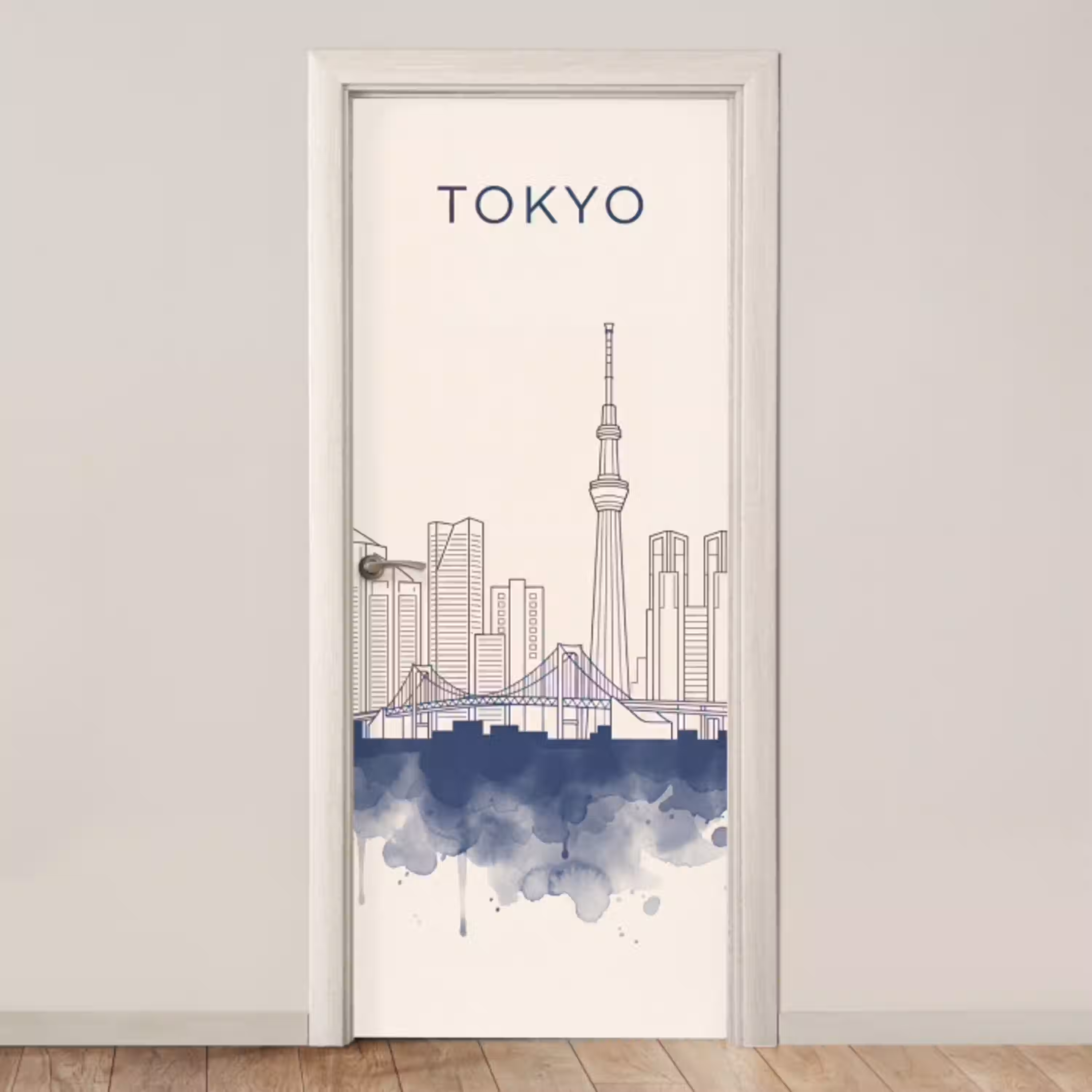 Tokyo - Skyline - Stad - Abstract - Blauw deurposter klein -3d_beige