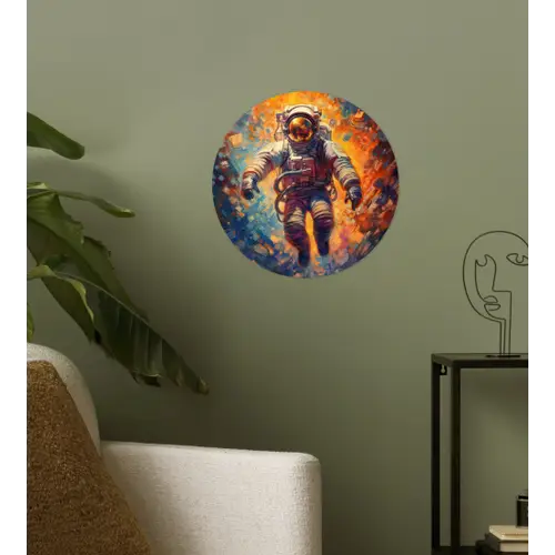 Astronaut - Neon - Oranje - Ruimte Wandcirkel behangsticker klein -sfeer2