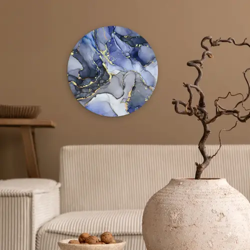 Marmer - Goud - Abstract - Blauw Wandcirkel kunststof plaat 5mm dik klein -sfeer1