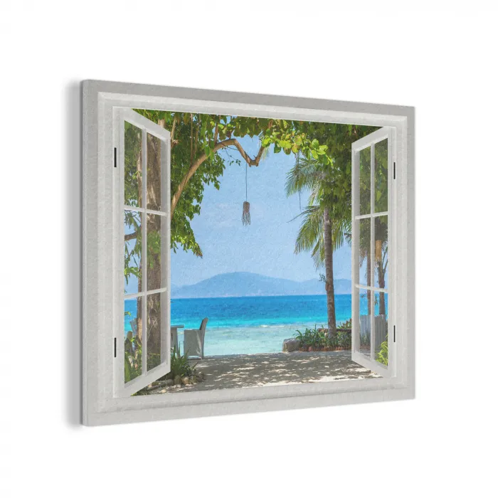 Doorkijk - Boom - Zee - Palmboom - Heuvels - Strand - Blauw PET vilt klein -3d