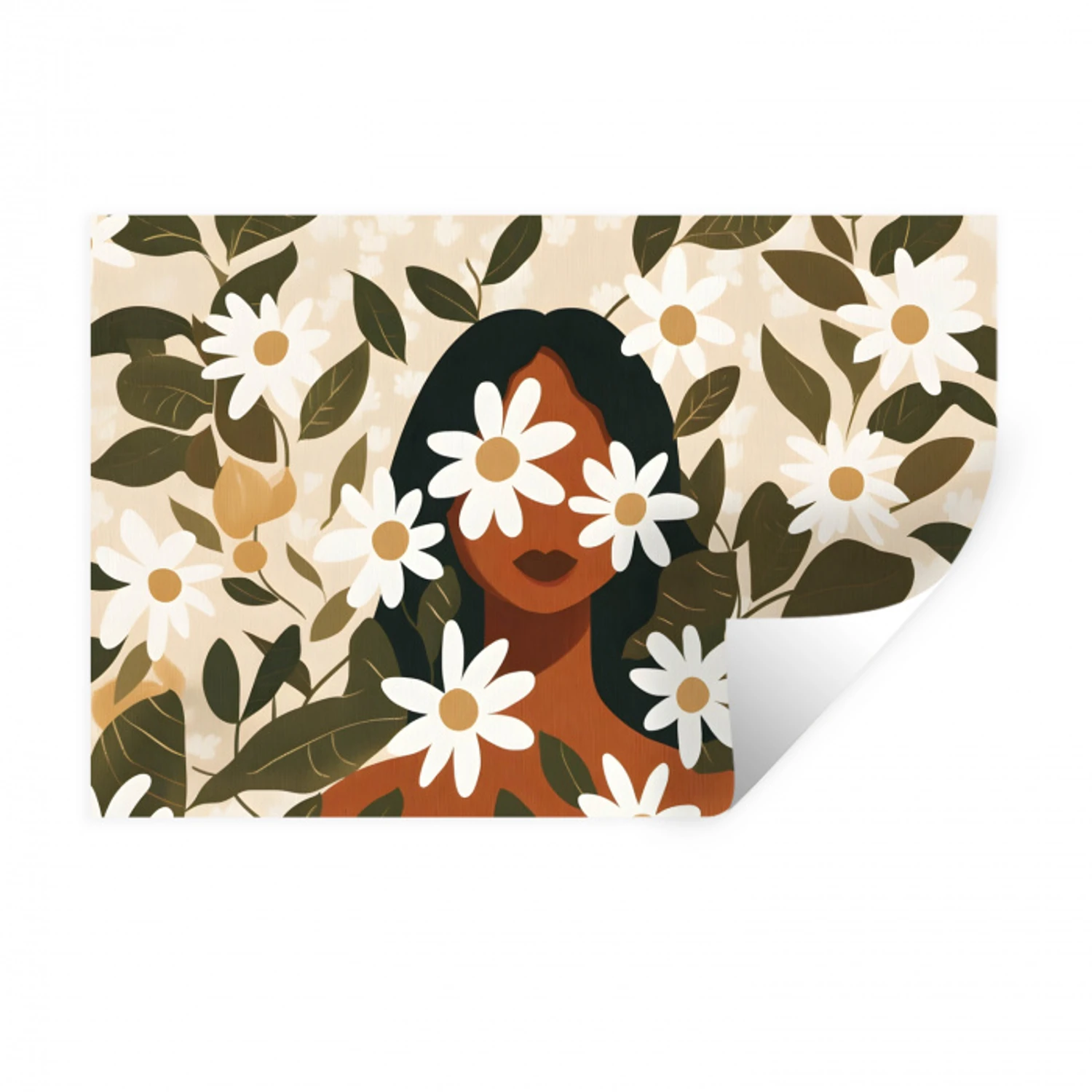 Illustratie - Vrouw - Madeliefjes - Wit Muursticker klein -3d