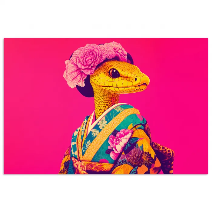 Hagedis - Bloemen - Roze - Kimono poster papier klein -3d