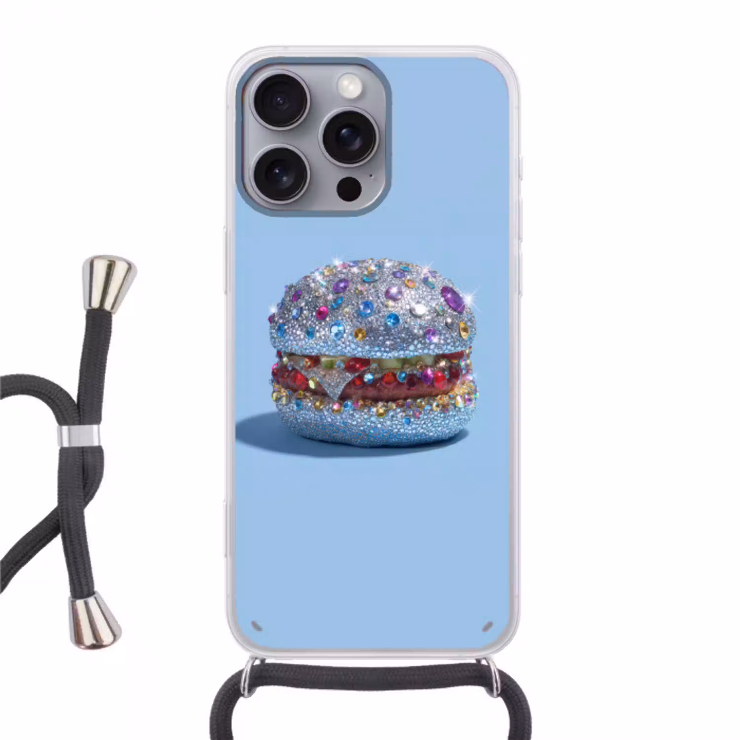 Glitters - Hamburger - Blauw Hoesje iPhone 16 Pro Max met koord klein -3d