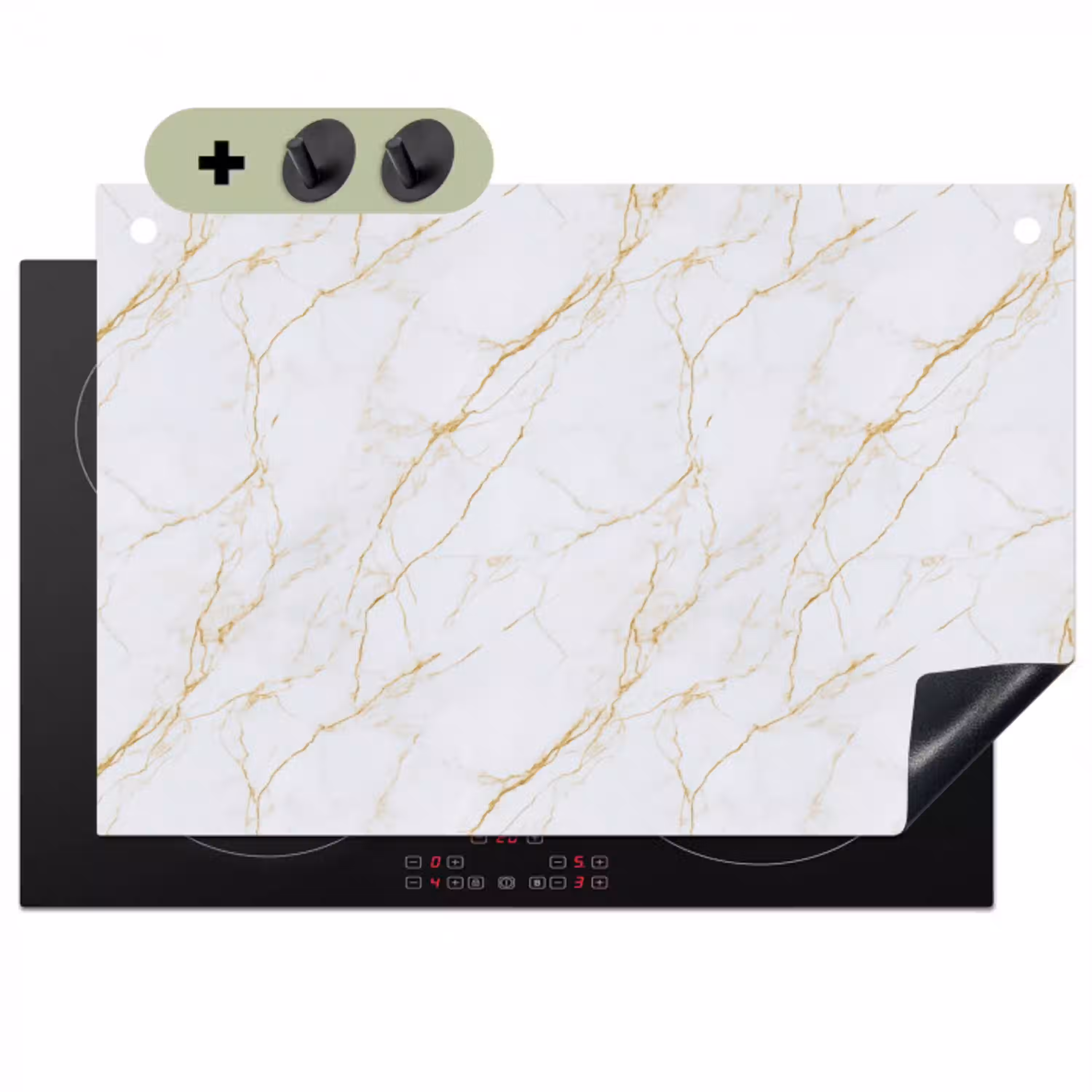 Wit - Marmer - Goud - Luxueus Inductie beschemer met haakjes klein 777 -3d