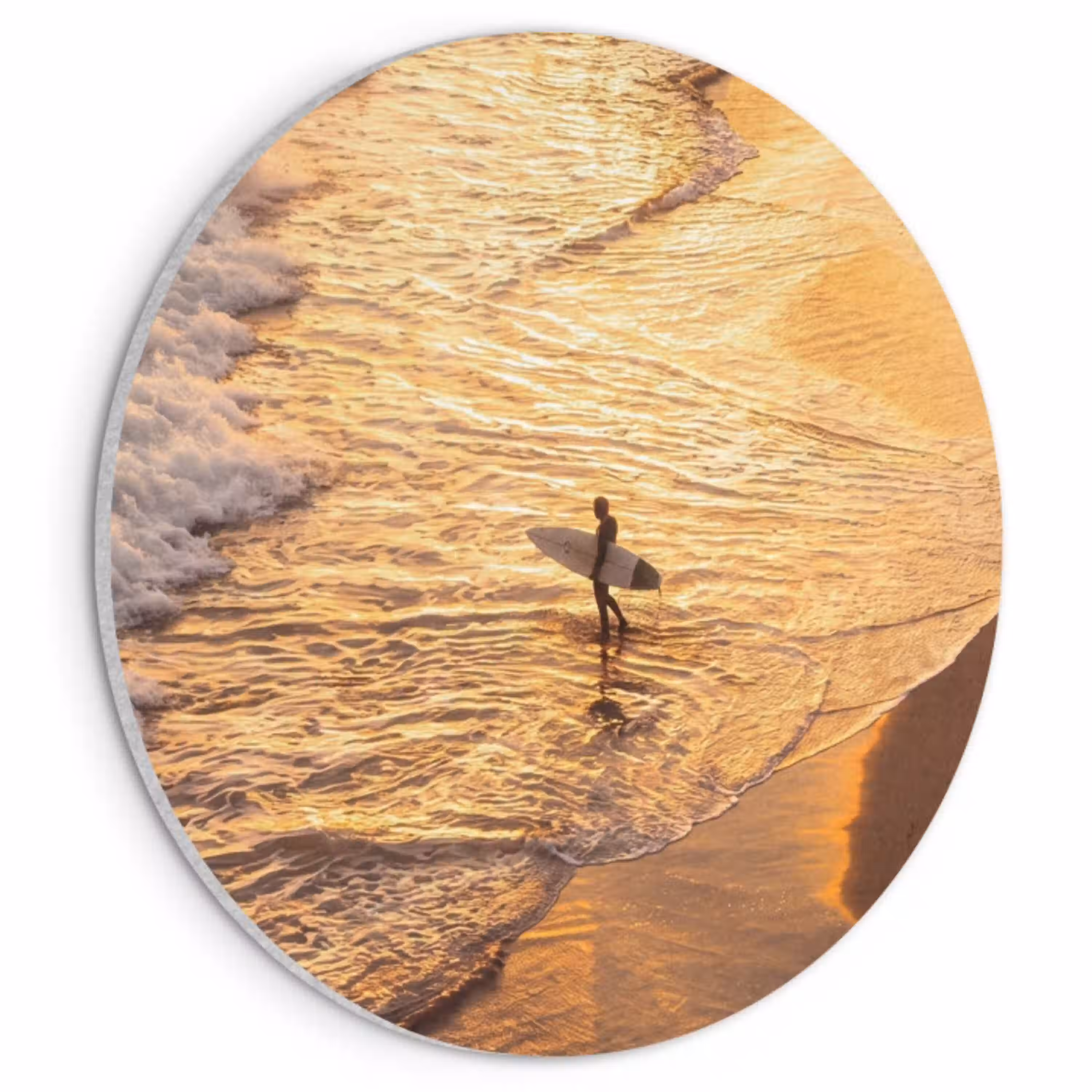 Surfer - Strand - Zonsondergang - Oceaan - Goud Akoestische PET Vilt - Rond klein -3d