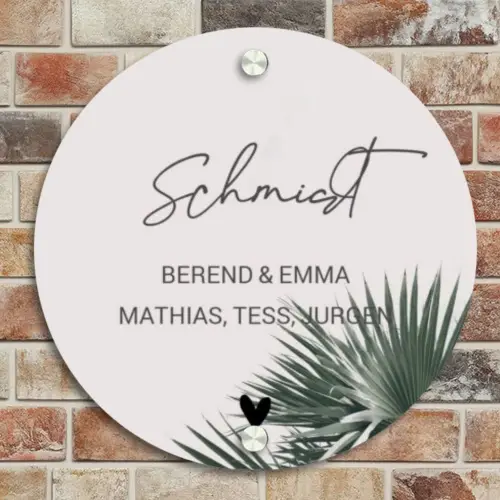 Lichtroze met palmblad - Sierlijk Naambord Rond klein -sfeer2