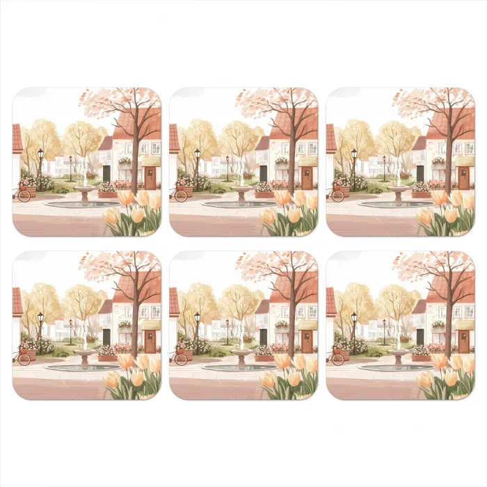 Dorpsplein - Fontein - Tulpen onderzetter kurk middel -3d