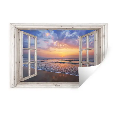Doorkijk - Zee - Strand - Zonsondergang - Blauw Muursticker klein -3d