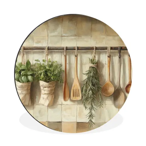 Hout - Keukengerei - Stilleven - Tegels Wandcirkel aluminium klein -3d