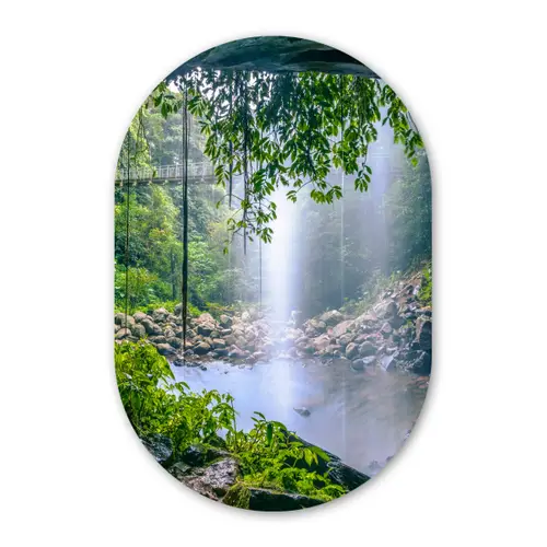 Jungle - Regenwoud - Water - Waterval - Planten Wandcirkel Ovaal Forex klein -3d