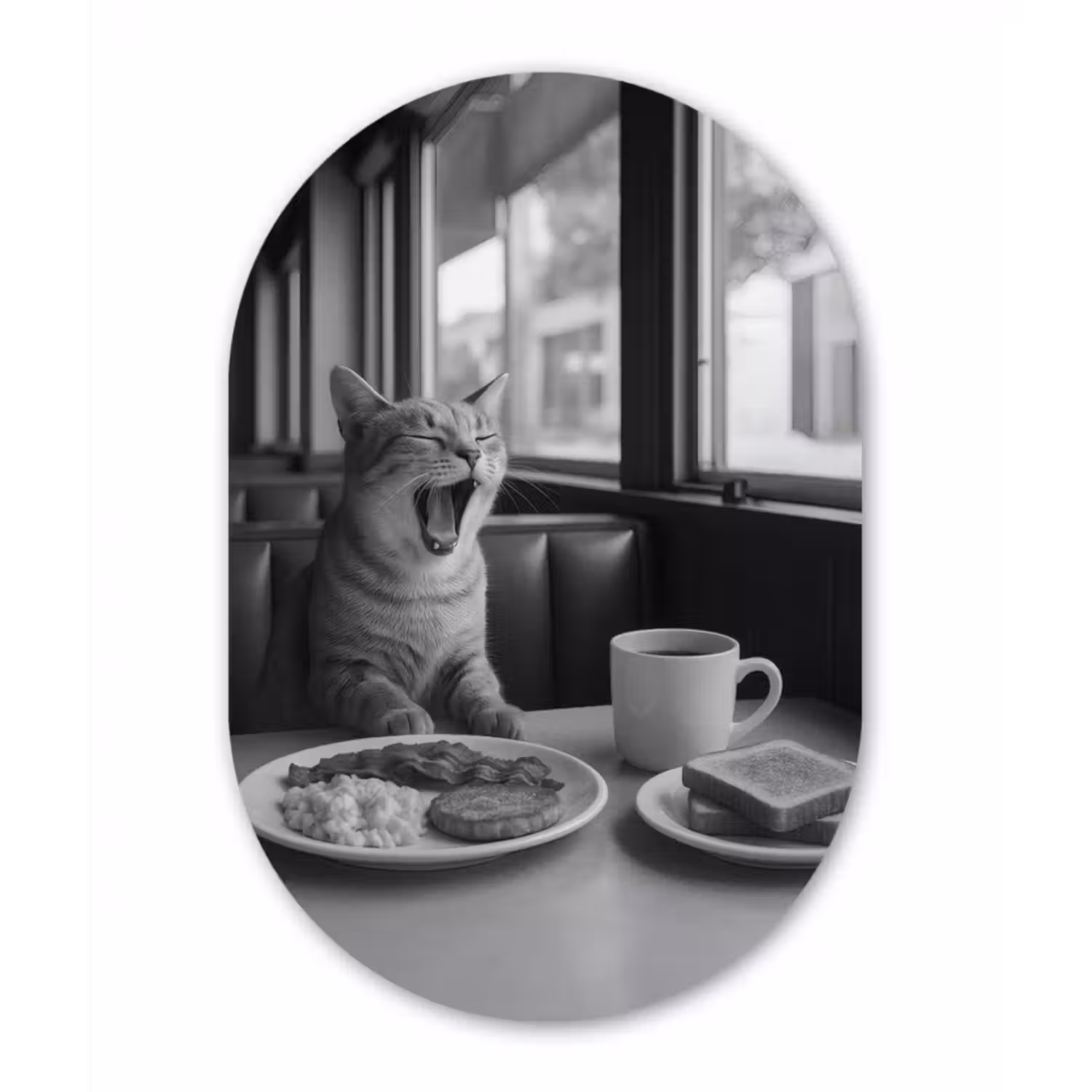 Glasbild Oval - Katze - Kaffee - Brot - Schwarz
