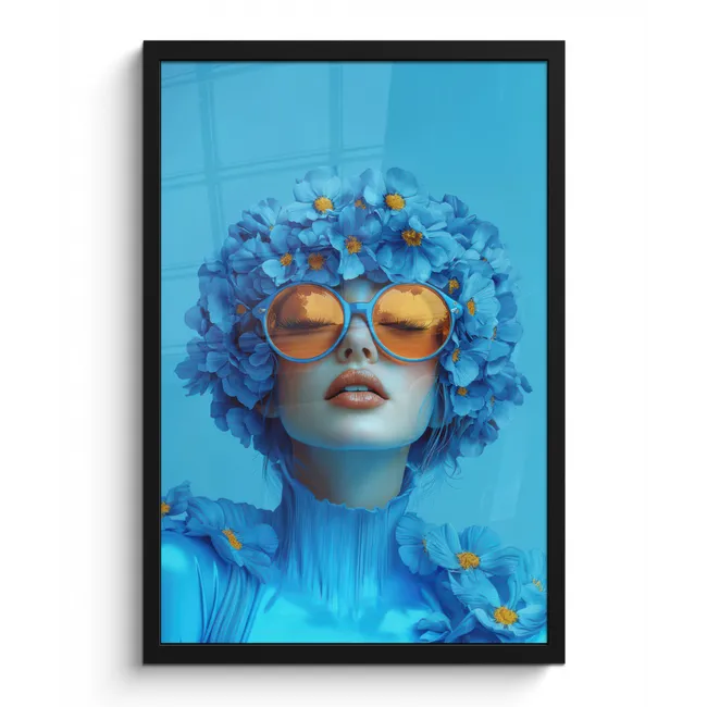 Poster met lijst - Vrouw - Bloem - Blauw - Modern - Bril - Portret