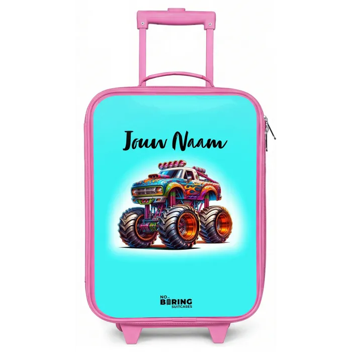 Monstertruck op Lichtblauwe Achtergrond Kinderkoffer - Roze klein -zz3dotto