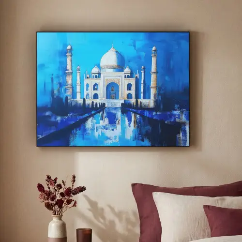 Taj Mahal - Ramadan - Blauw - Islamitische Textielframe zwart klein -sfeer1