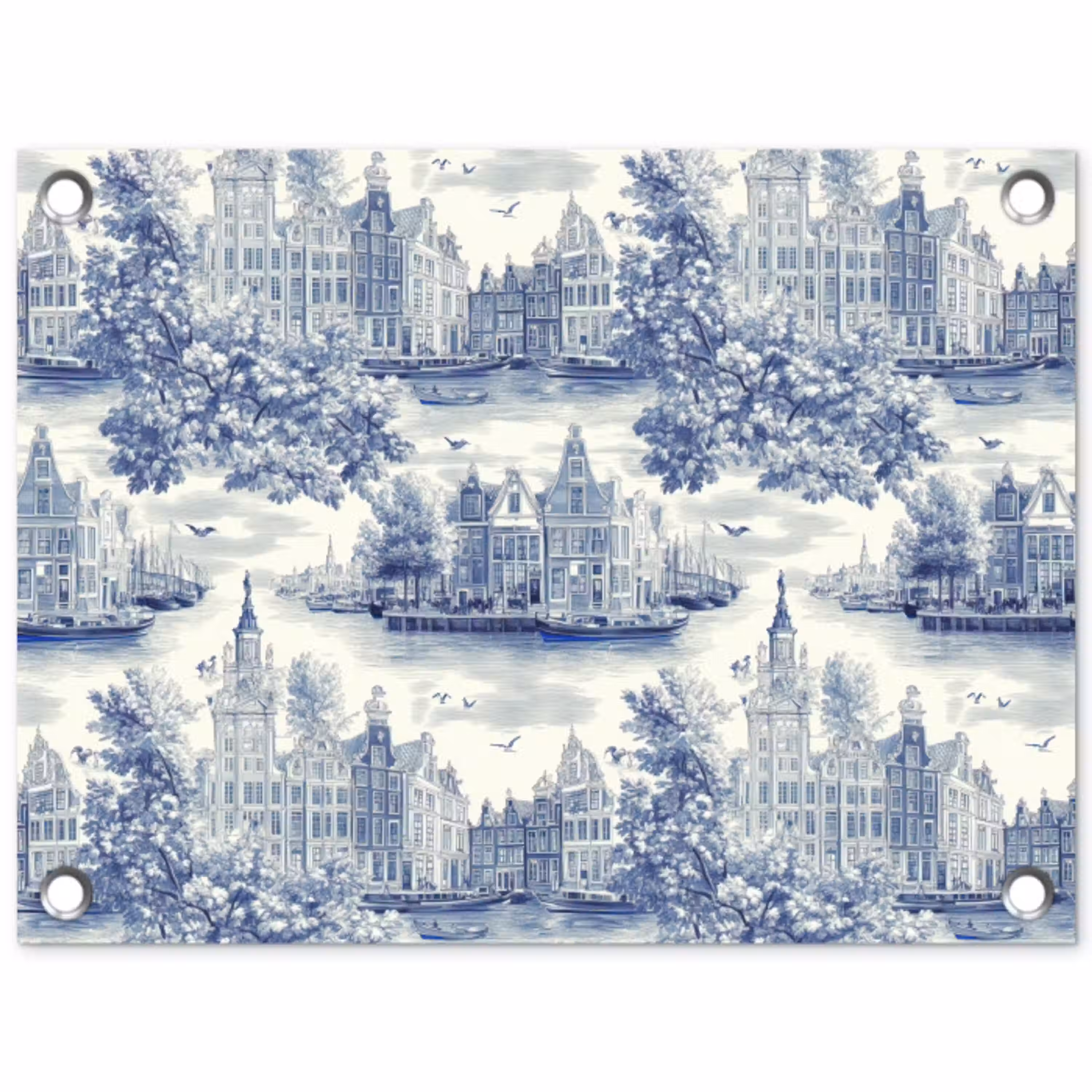 Huizen - Bomen - Water - Vogels - Blauw tuinposter los doek klein 239 -3d