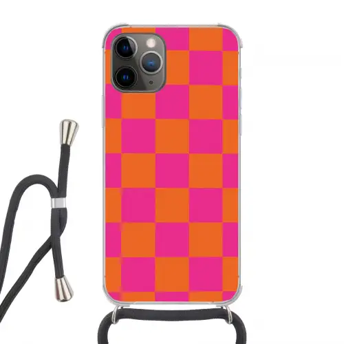 Schaakbord print - Oranje - Roze - Blokjes Hoesje iPhone 12 Pro met koord klein -3d