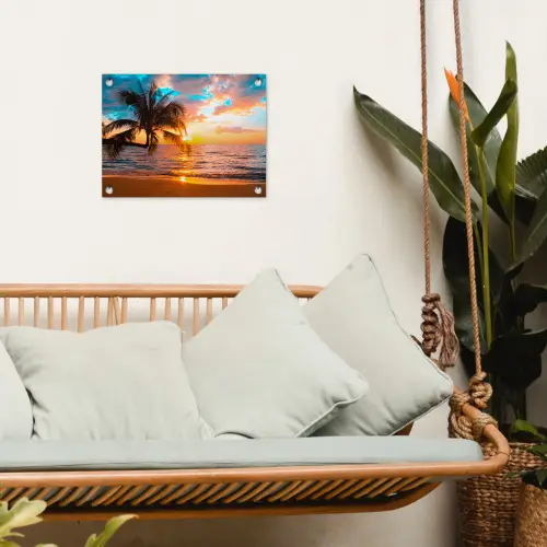 Palm - Zonsondergang - Horizon - Strand - Zee - Tropisch tuinposter los doek klein -sfeer7