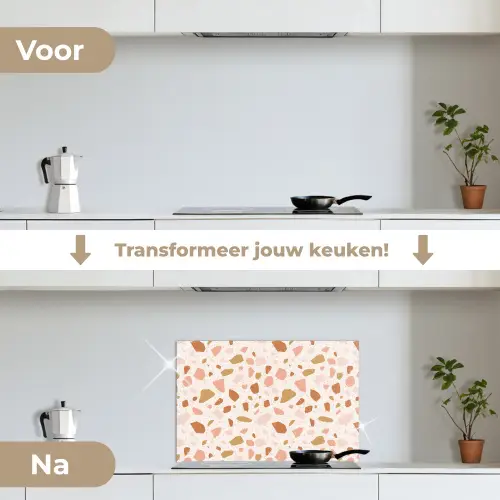 Terrazzo -  Patroon - Kleurrijk - Zalm keuken achterwand spatscherm klein 900 -voor_na_NL