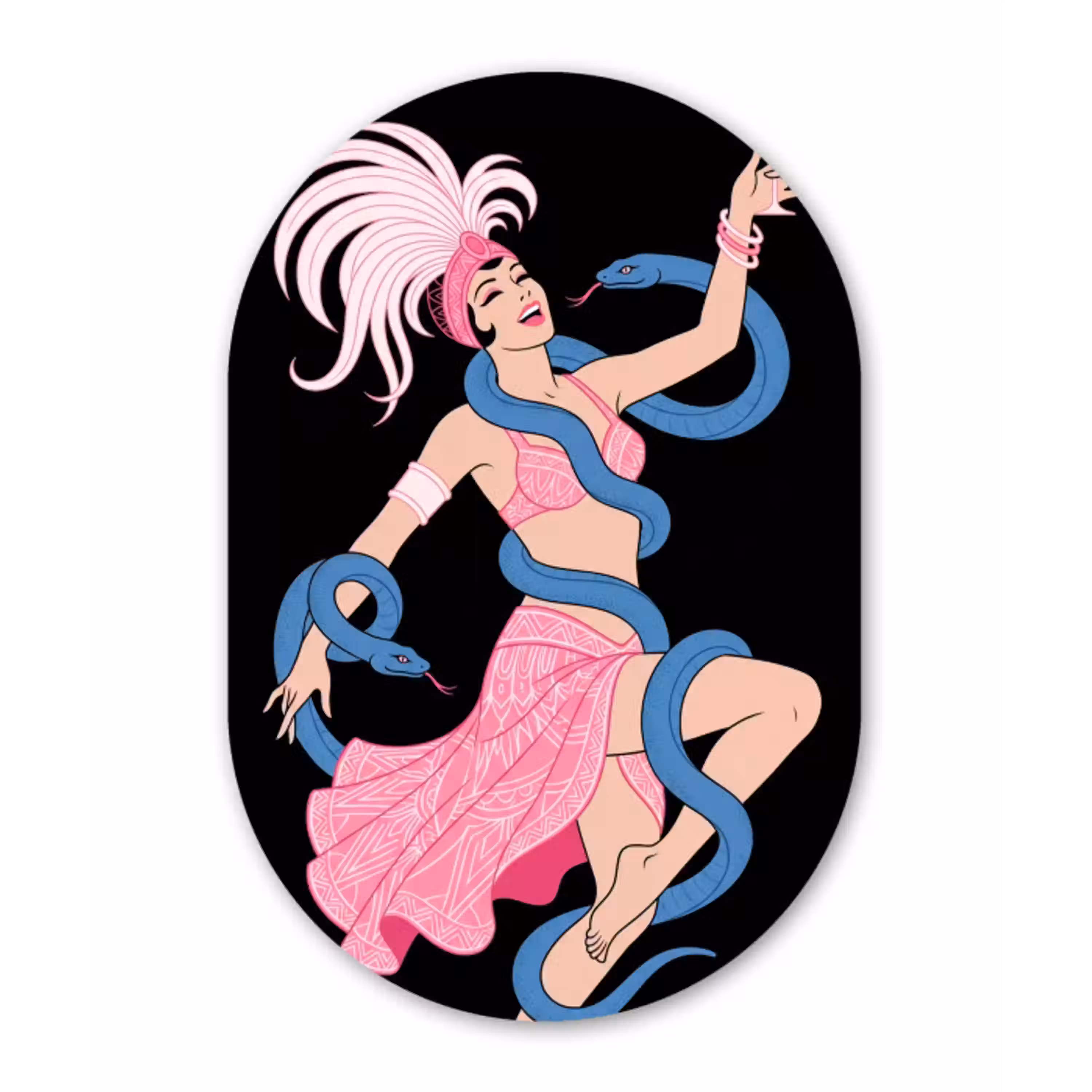 Vrouw - Danseres - Slangen - Art Deco - Roze Wandcirkel Ovaal Aluminium middel -3d