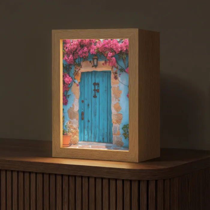 Deur - Hout - Bloemen - Blauw Light Box met kabel (Tafellamp) klein -z3d_website