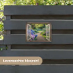 Doorkijk - Tuin - Raam - Hortensia - Bloemen tuinposter los doek klein -sfeer3