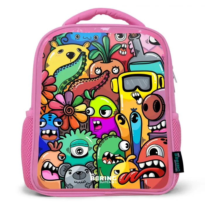 Expressief en druk patroon met monsters Kinderrugzak - Roze middel -3d