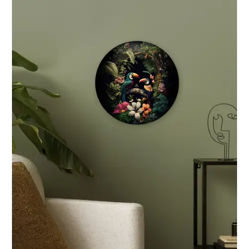 Vogel - Bloemen - Planten - Jungle - Zwart - Toekan Wandcirkel kunststof plaat 5mm dik klein -sfeer3