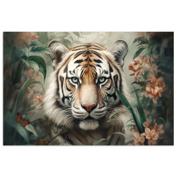 Tijger - Vlinders - Dieren - Jungle - Bloemen poster papier klein -3d