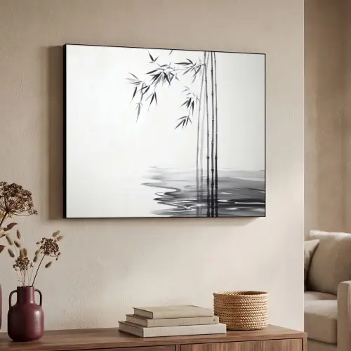 Bamboestammen - Water - Minimalistisch - Wit Textielframe - compleet frame klein -sfeer3