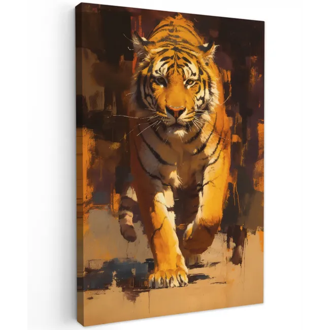 Tijger - Geschilderd - Oranje - Penseelstreken Tuinposter op houten frame 2 cm dik klein -3d