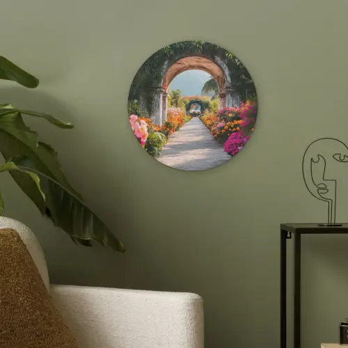 Doorkijk - Bloemen - Tropisch - Kleurrijk Akoestische PET Vilt - Rond klein -sfeer2