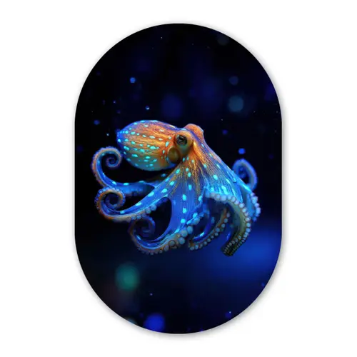 Octopus - Stippen - Blauw - Zee Wandcirkel Ovaal Glas middel -3d