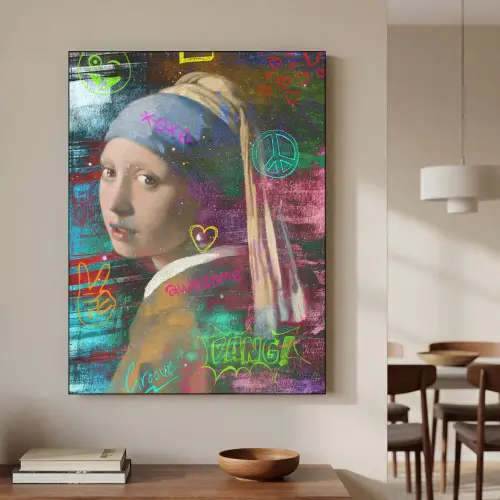 Meisje met de parel - Johannes Vermeer - Neon Textielframe - compleet frame klein -sfeer2