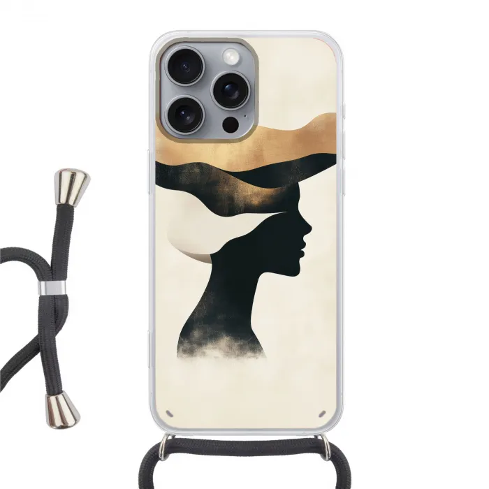 Vrouw - Golven - Zwart Hoesje iPhone 16 Pro Max met koord klein -3d