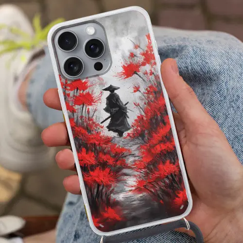 Rode bloemen - mistig - Man Hoesje iPhone 16 Pro Max met koord klein -sfeer3