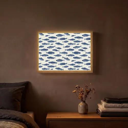 Vissen - Patroon - Blauw - Wit Light Box met batterij (Wandlamp) middel 907 -sfeer4