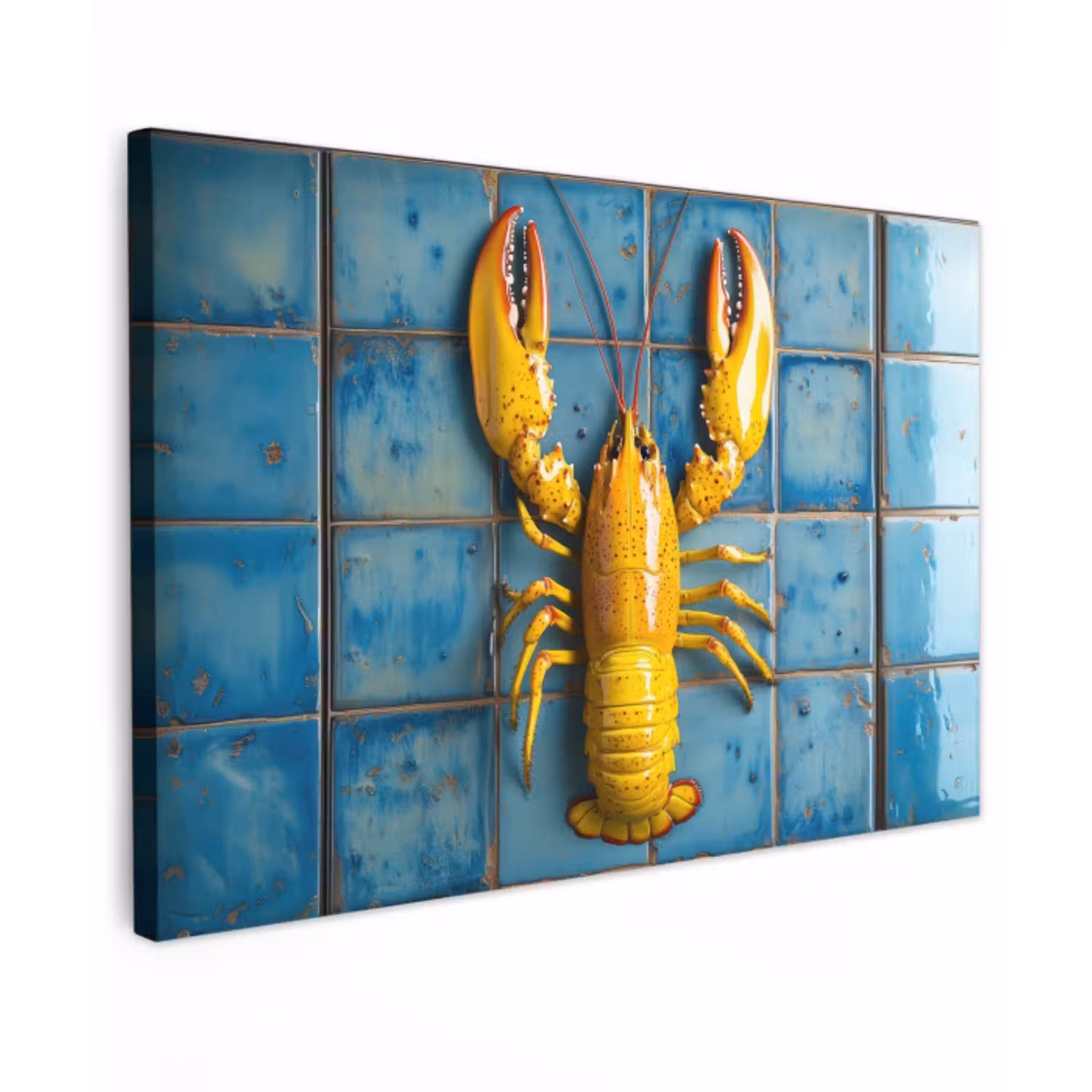 Kreeft - Geel - Blauw - Tegels Tuinposter op houten frame 2 cm dik klein -3d