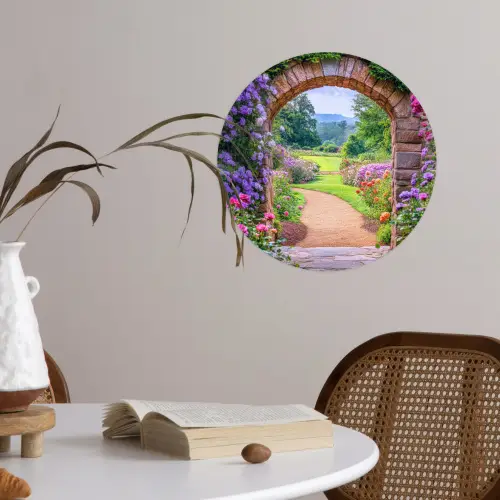 Doorkijk - Poort - Bloemen - Tuin Wandcirkel behangsticker klein -sfeer3