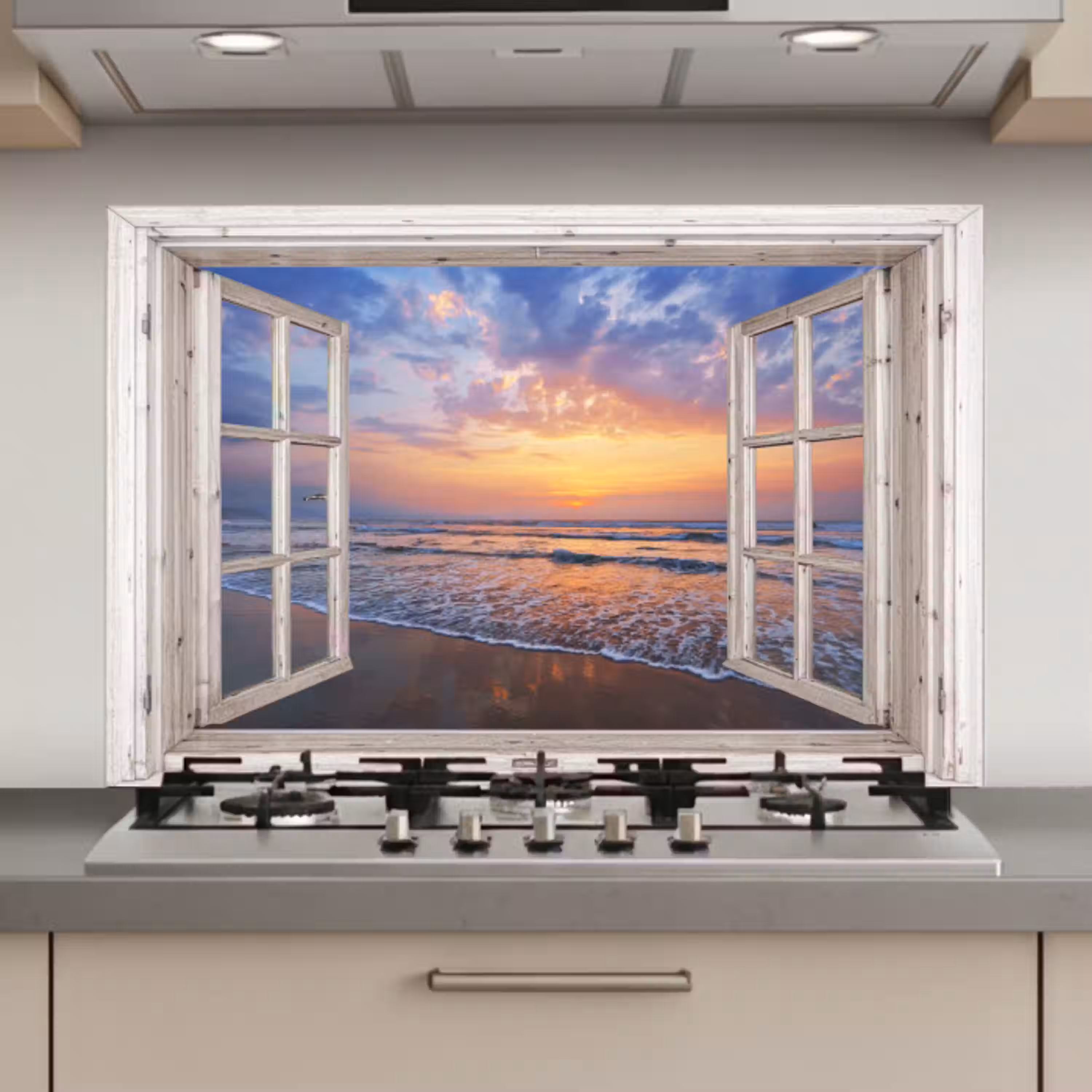 Doorkijk - Zee - Strand - Zonsondergang - Blauw keuken achterwand spatscherm klein -3d_website