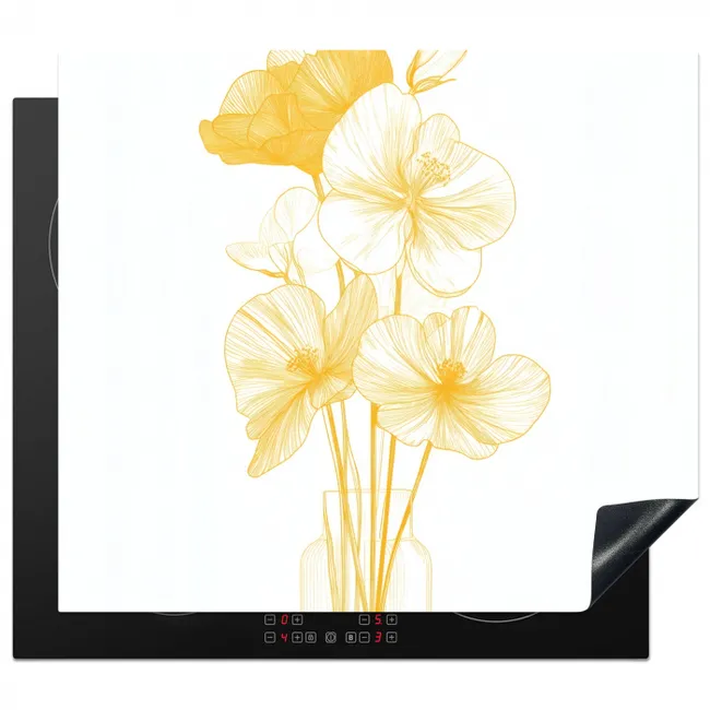 Lijntekening - Bloemen - Geel - Vaas Inductie beschermer vinyl 3mm middel -3d