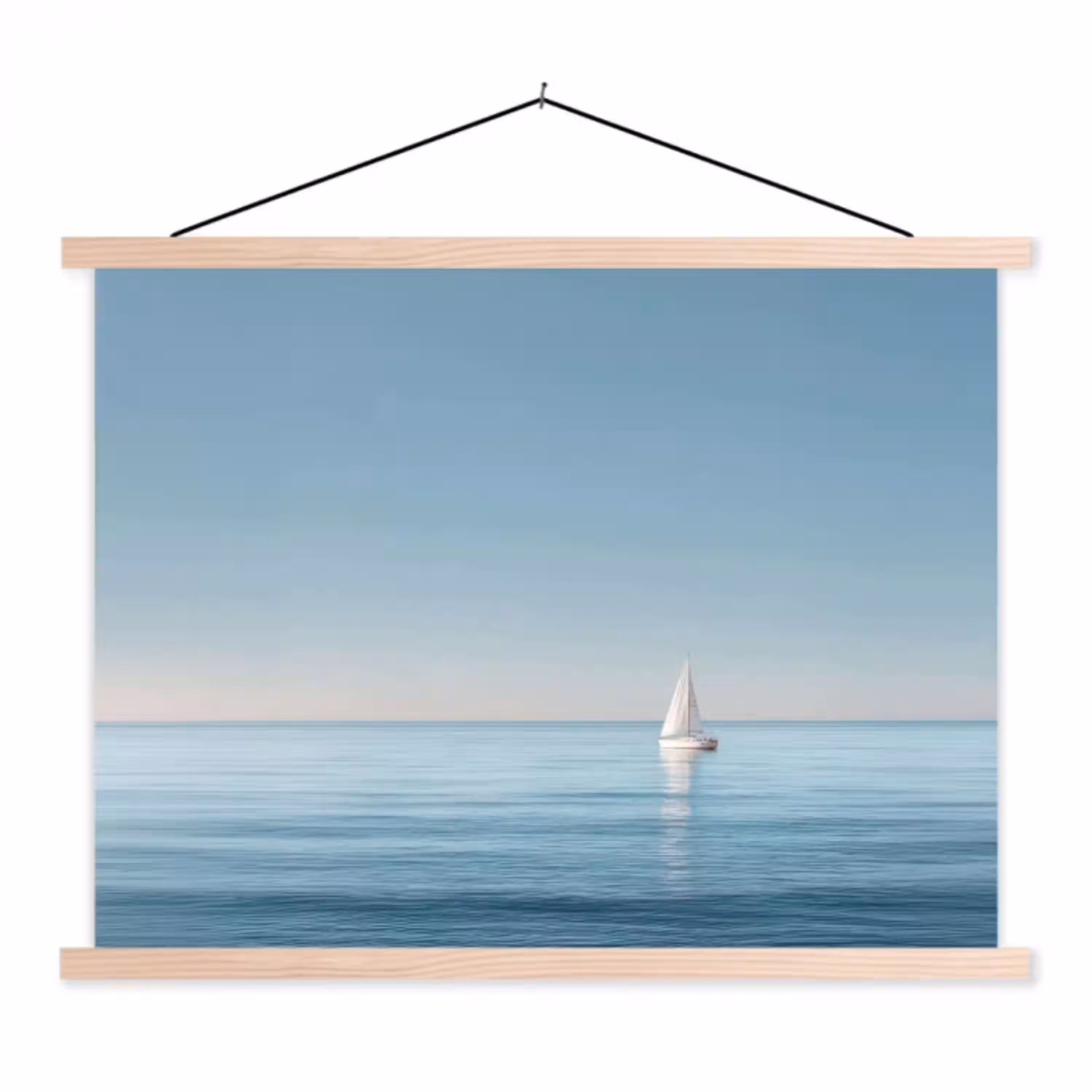 Zeilbootje - Kalme zee - Helderblauwe hemel textielposter latten blank klein -3d
