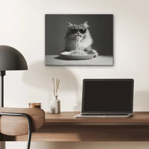 Langharige kat - Zonnebril - Spaghetti - Humor - Zwart - wit PET vilt klein -sfeer5