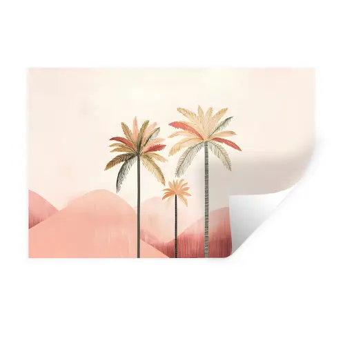 Palmbomen - Heuvels - Minimalistisch - Zachtroze Muursticker klein -3d