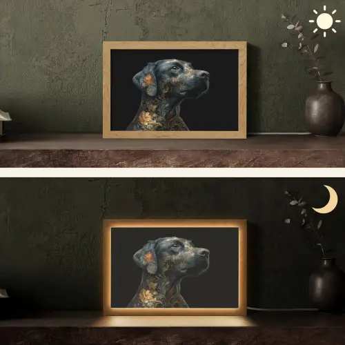Hond - Zwart - Bloemen Light Box met kabel (Tafellamp) klein -sfeer3