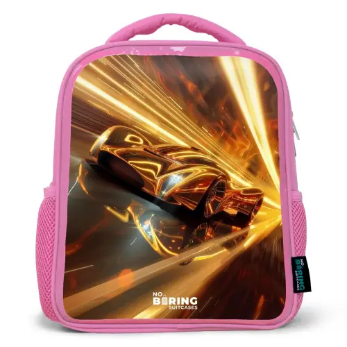 Gouden raceauto in een tunnel Kinderrugzak - Roze middel -3d