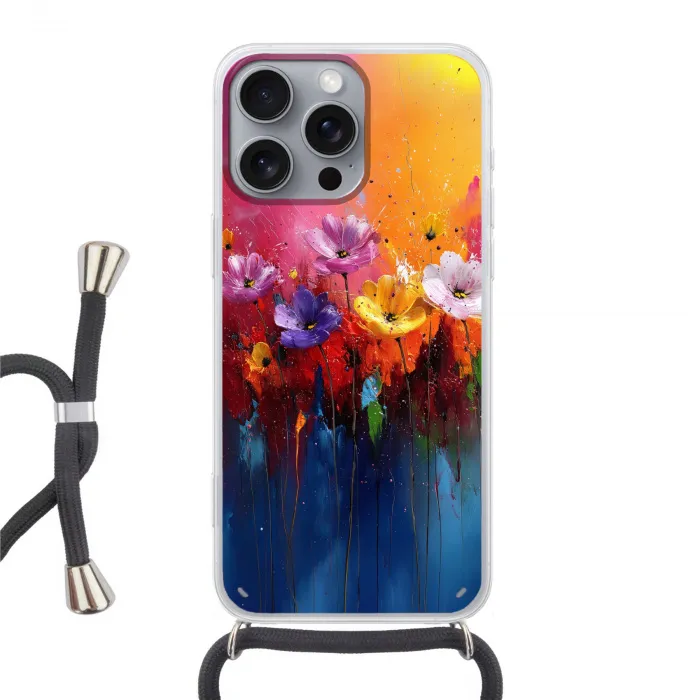 Fantasiebloemen - Verf - Speels Hoesje iPhone 16 Pro Max met koord klein -3d